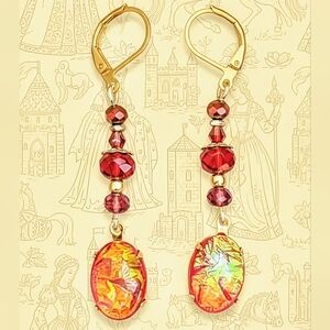 Victorian Red Fire Opal (Faux) In Gold Plated Drop Earrings